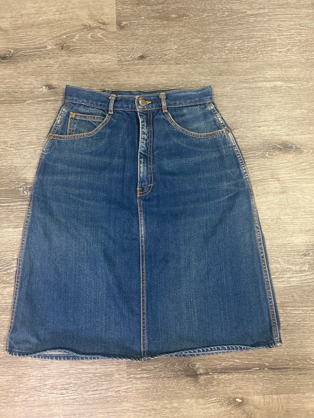Vtg 80s P.S. GITANO Western Denim Midi Skirt Back Slit Leather Patch Sz 10